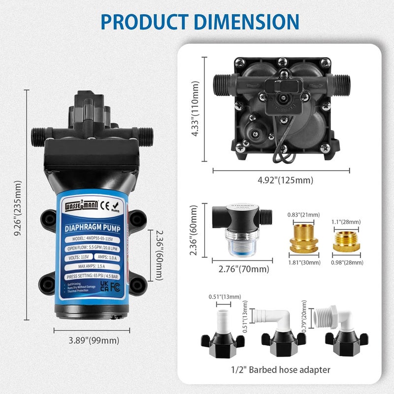 wassermann 115V AC Diaphragm Pump, 5.5 GPM 65 PSI 1/2" NPSM Connection, 4-Chamber Self-Priming Fresh Water Pressure Pump with Pressure Switch for Garden Kitchen Bathroom Marine Camper RV - Image 5